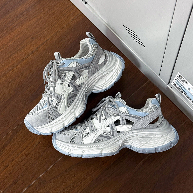 Women's Clunky Thick-soled Summer Mesh Breathable Hollow Thin Lightweight Exercise Running Sneakers