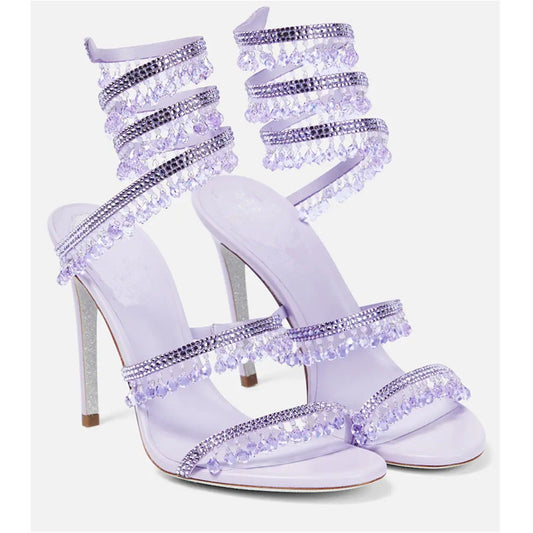 Women's Crystal Pendant Snakelike Winding Rhinestone Tassel Decoration Large Size Flat Sandals
