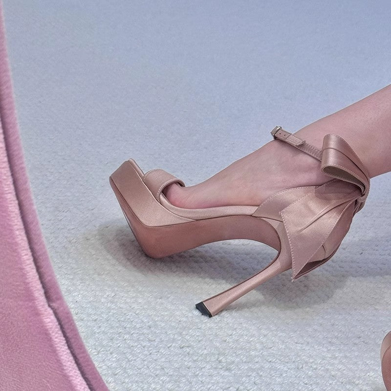 Open Toe Platform Satin Bowknot Bag Buckle Sandals