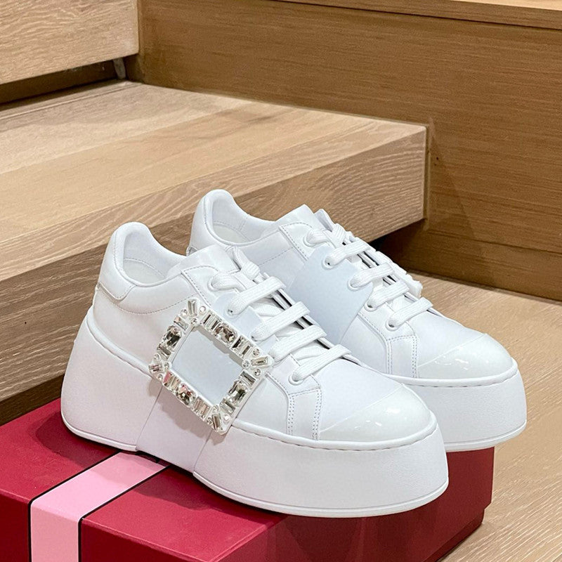 Women's Thick-soled High-rise Square Buckle Diamond White Genuine Platform Women's Casual Shoes