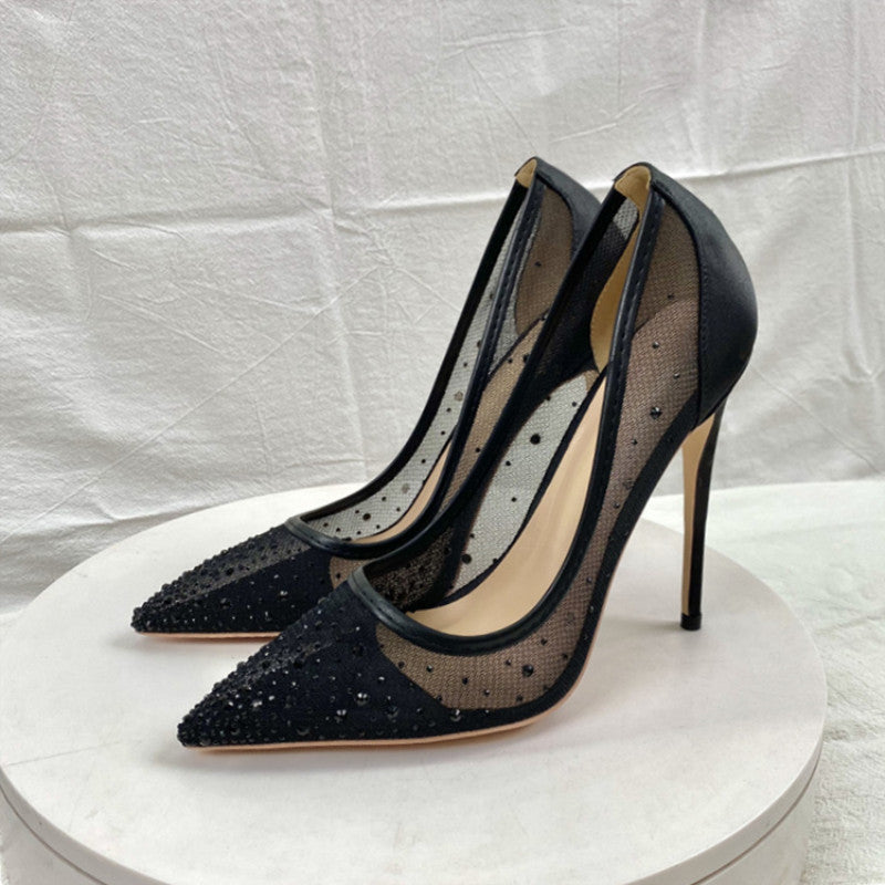 Women's Spring Breathable Mesh Diamond High Pointed Toe Shallow Mouth Heels