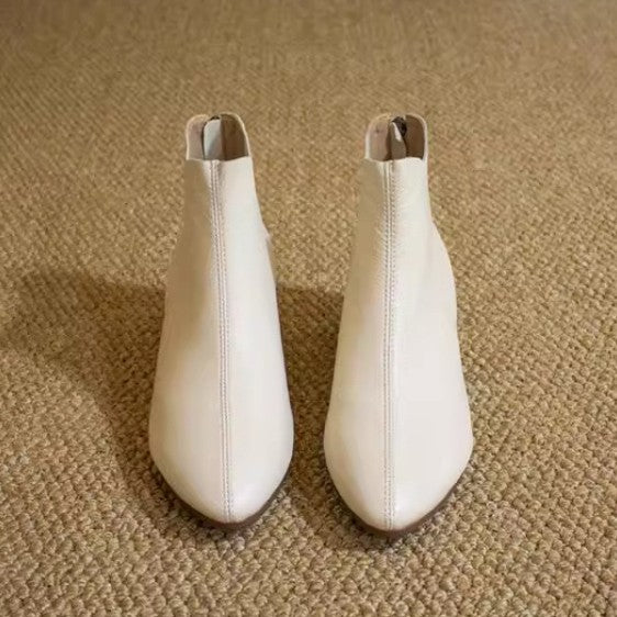 Women's White Chunky Ankle French Style Temperament Pointed Toe Women's Leather Boots