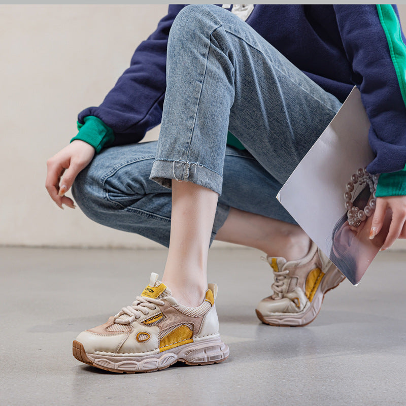 Women's First Layer Cowhide Lightweight Soft Sole Retro Color Matching Mesh Casual Shoes