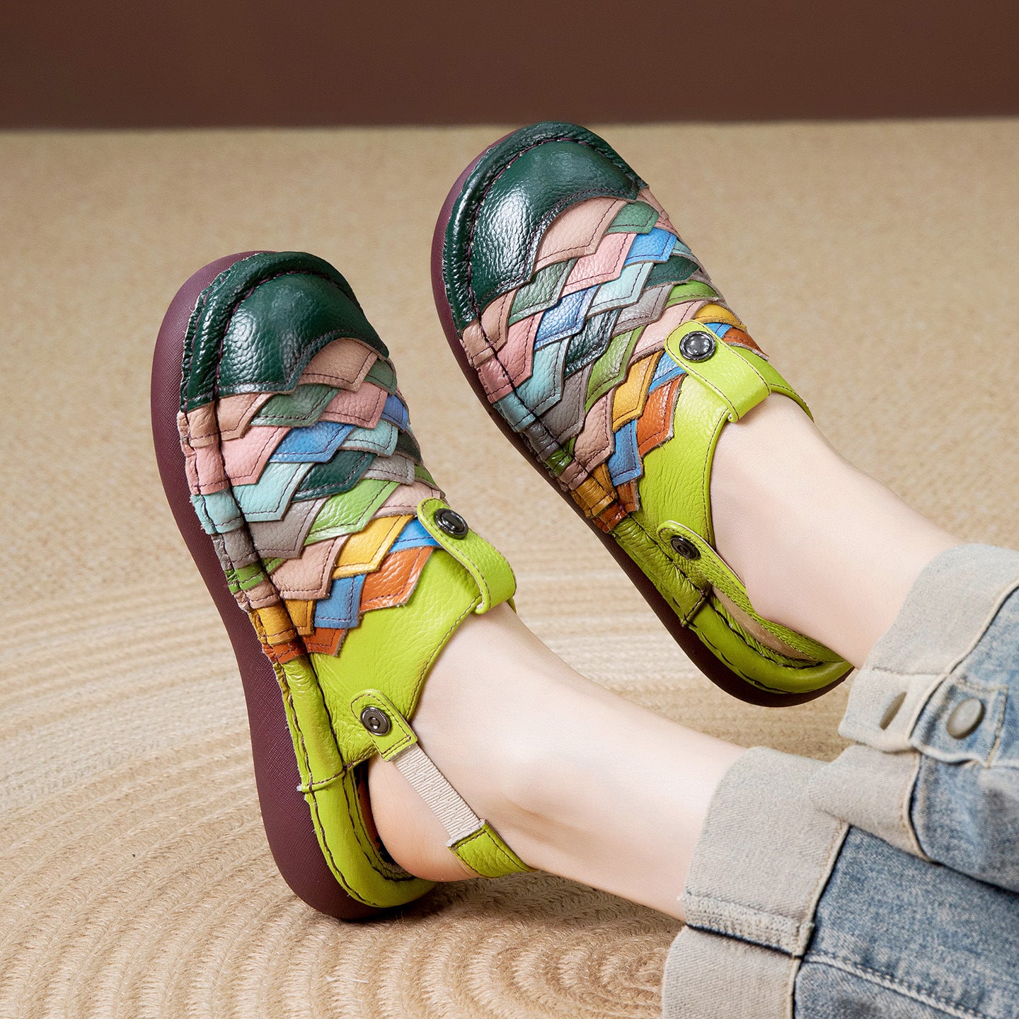 Women's Handmade Genuine Outer Wear Ethnic Style Rainbow Dual-purpose Toe Slippers