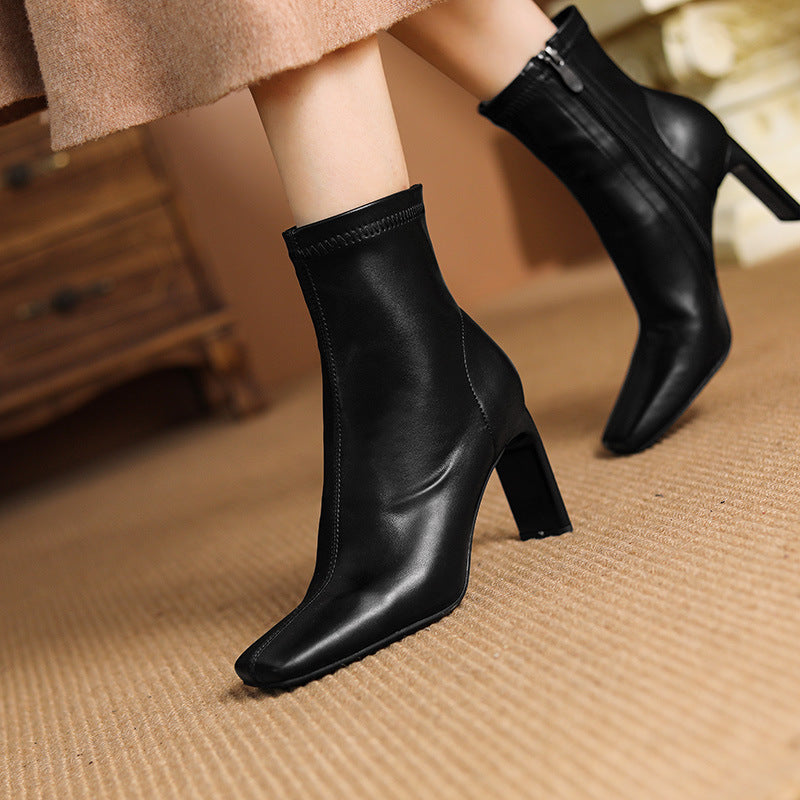 Women's Ankle Square Toe Chunky Side Zip Low Tube Fashion Women's Leather Boots