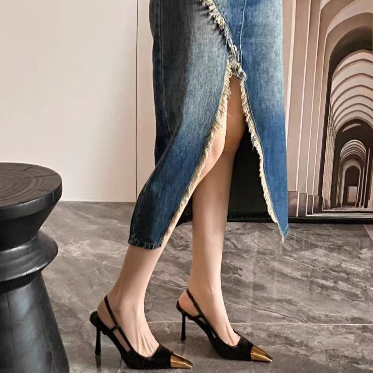 Women's Gold Black Patent Stiletto Sexy Square Toe High Heeled Sandals