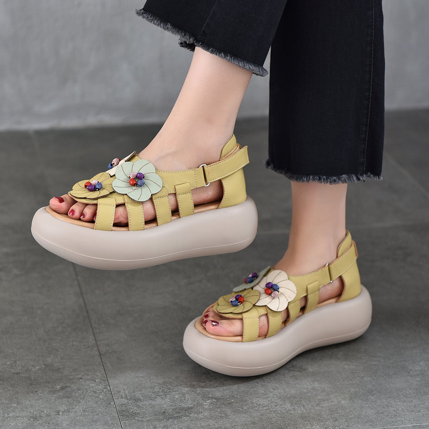 Women's First Layer Cowhide Open Toe Flower Roman Summer Thick Bottom Platform Sandals