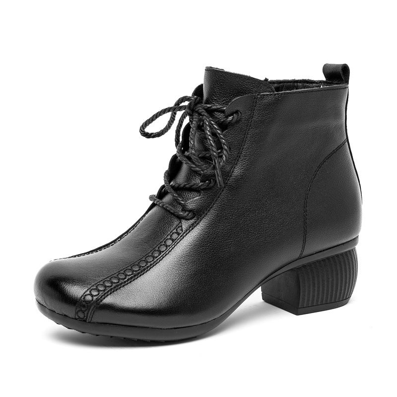 Cowhide Veet Mom Thick High Side Zipper Women's Shoes