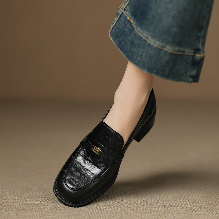 Spring Round Toe Slip-on Chunky Mid Cowhide Plus Loafers