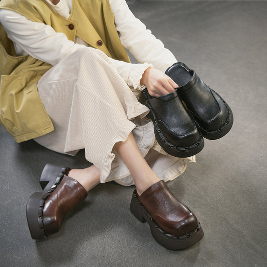 Women's Layer Cowhide Toe Cap Semi Comfortable Platform Slippers