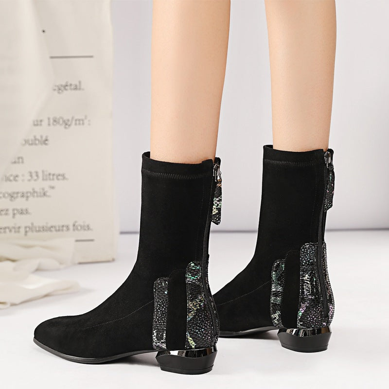 Women's Chunky Short Autumn Fashion Stretch Thin Round Toe Single-layer Women's Leather Boots