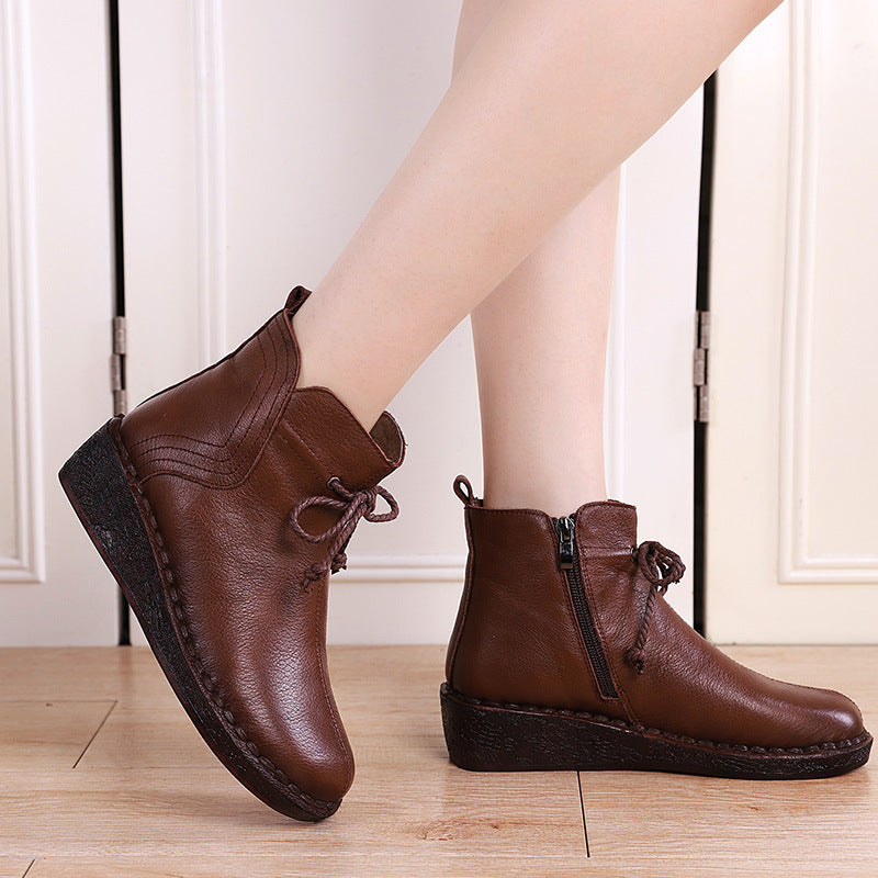 Women's Wedge Side Zipper Round Toe Vintage Height Leather Shoes