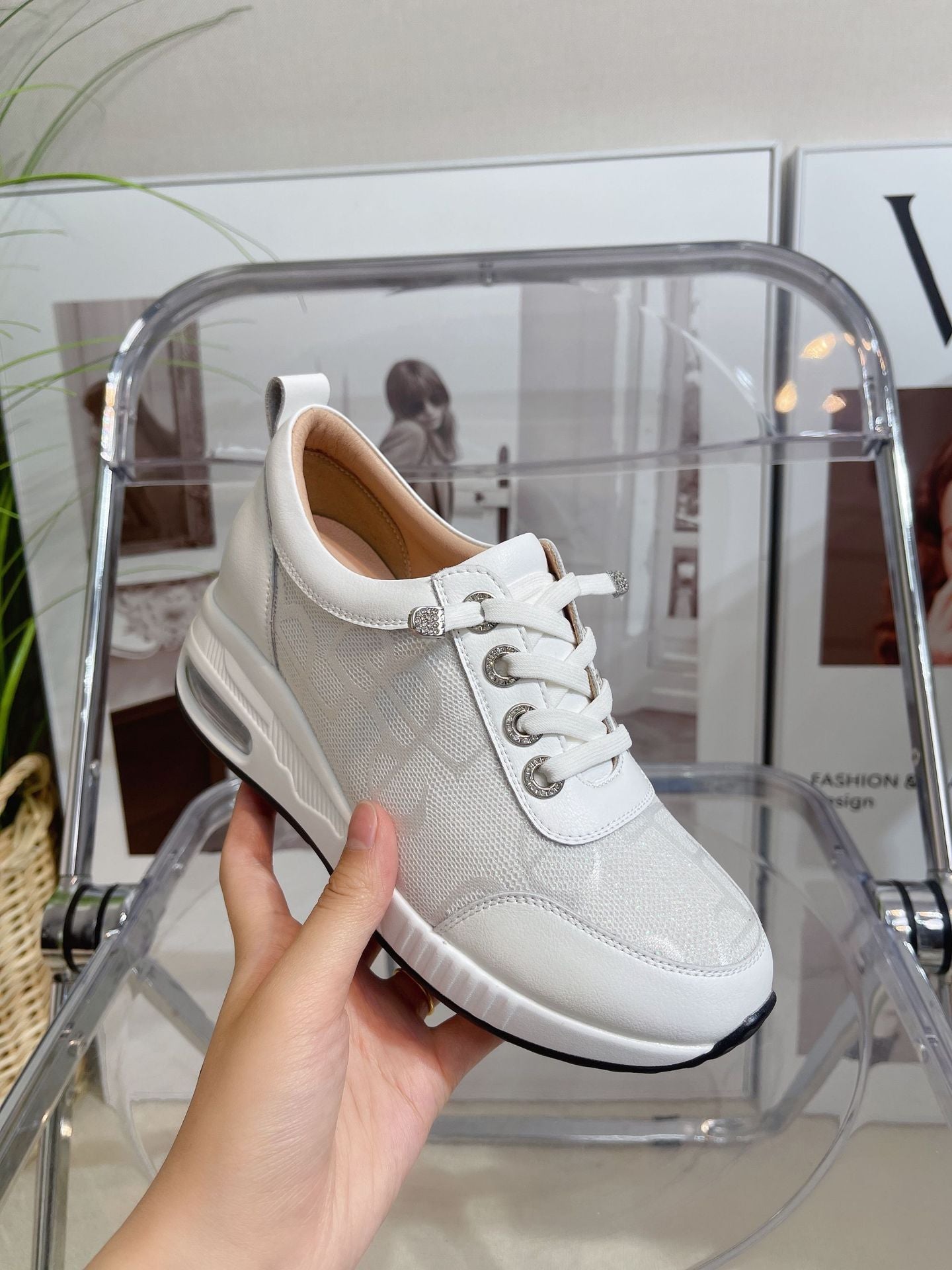 Women's White Summer Mesh Breathable Thick Bottom Height Casual Shoes