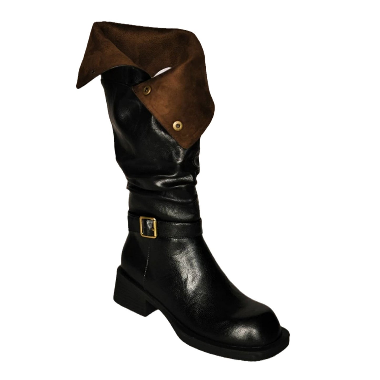 Women's Western Cowboy Round Head Metal Buckle Two-way Lapel Pleated Chunky Women's Leather Boots