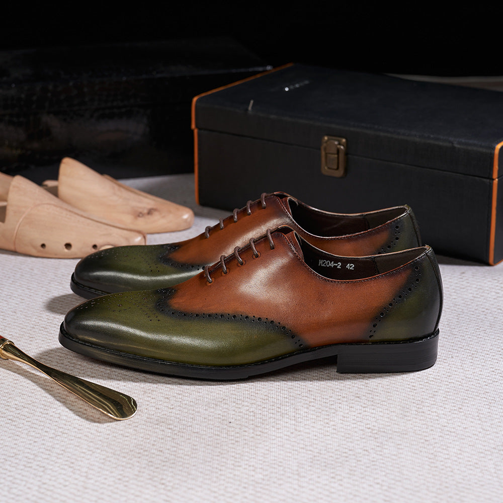 Men's Size Genuine Brown Green Fashion Business Formal Wear Leather Shoes