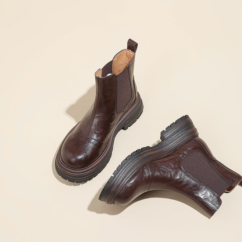 Women's Round Head Chunky Platform Smoke Pipe Chelsea Women's Leather Boots