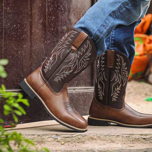 High Embroidered Retro Wide Head Western Cowboy Bags Packaging Without Men's Leather Boots