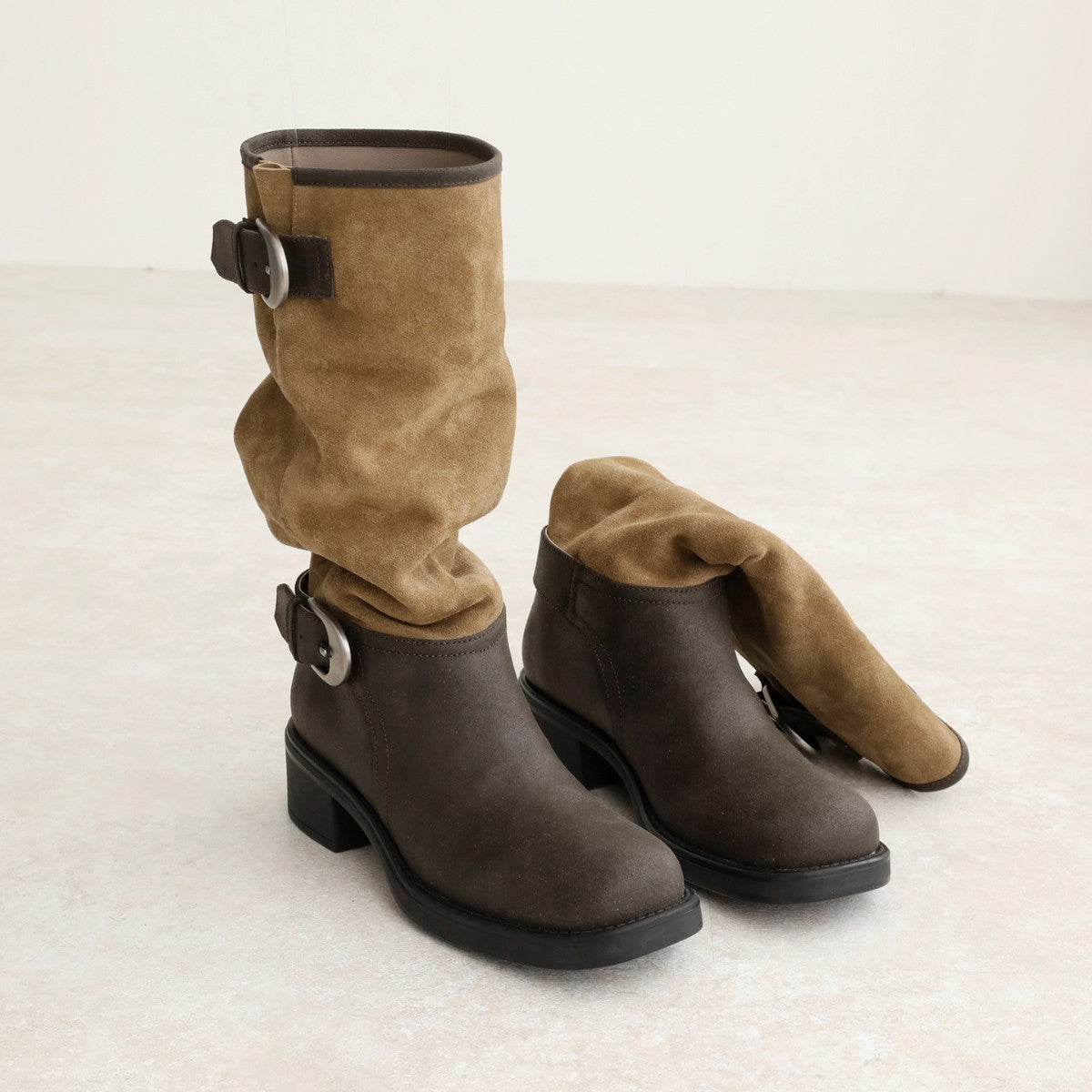 Women's Belt Buckle Thick Bottom Riding Color Matching Suede Chunky Pile Women's Leather Boots