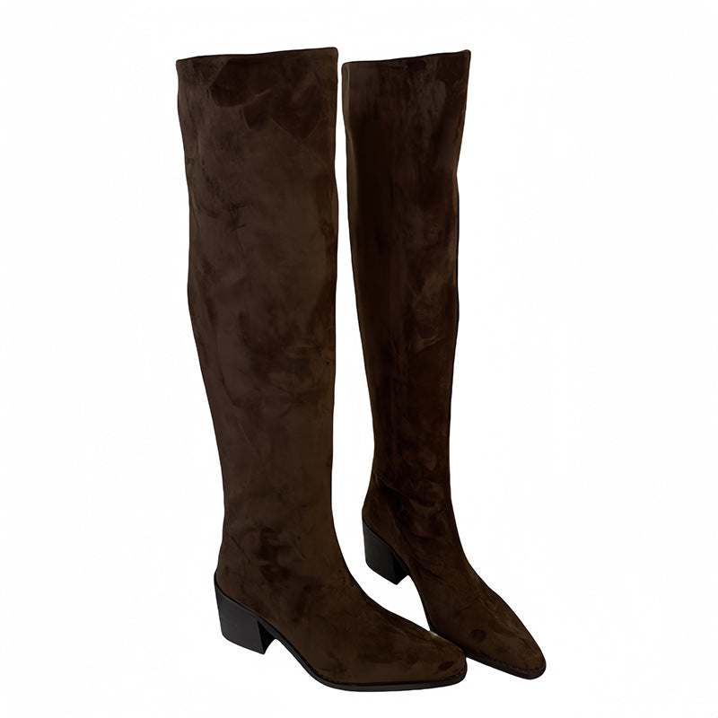 Women's Elegant Chunky Khaki Over The Knee Women's Leather Boots