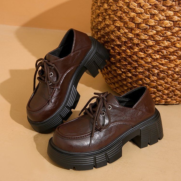Women's Platform Black Chunky Height Increasing Commuter French Pumps British Women's Fashion Shoes
