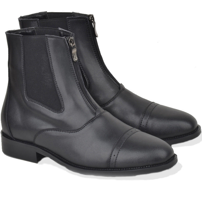 Women's & Men's Cowhide Black Short Front Zipper Riding Pointed Toe Boots
