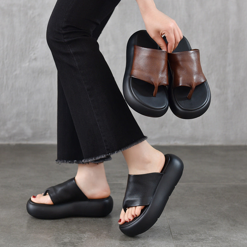 Women's Genuine Flip-flops Lightweight Platform Outerwear Cowhide Sandals