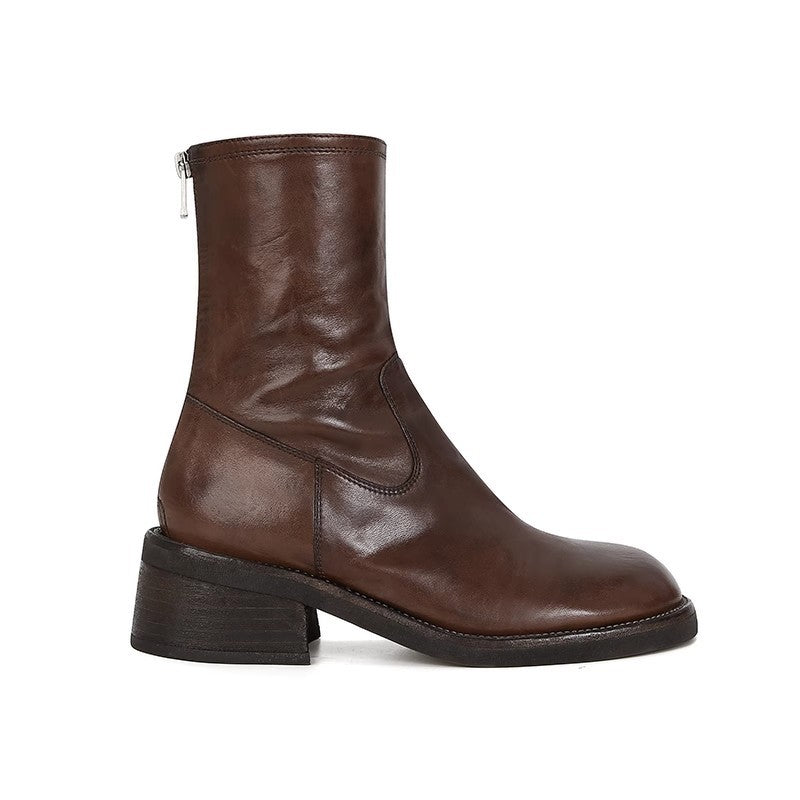 Women's Retro Round Toe Back Zipper Thick Thin Ankle Platform Martin Women's Leather Boots