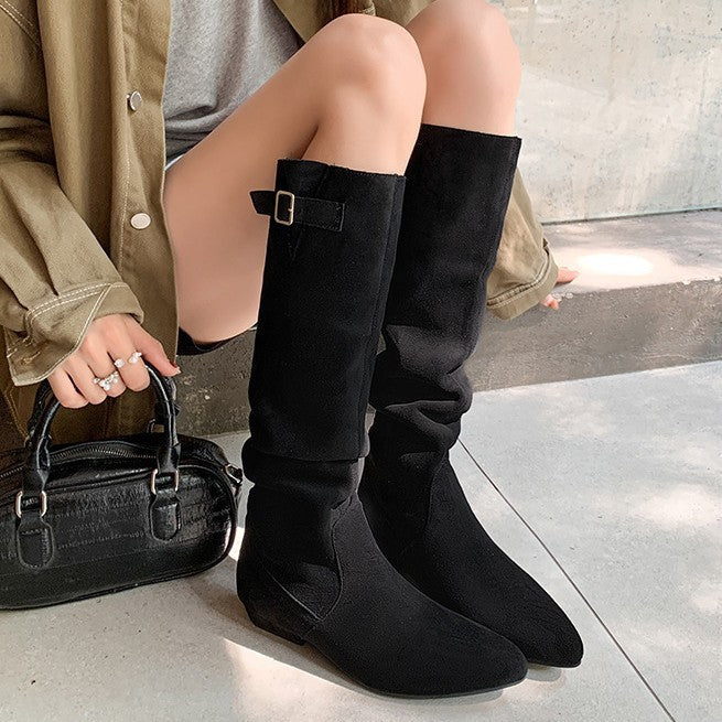 Women's Style Western Knight Pile Suede Pleated Women's Leather Boots