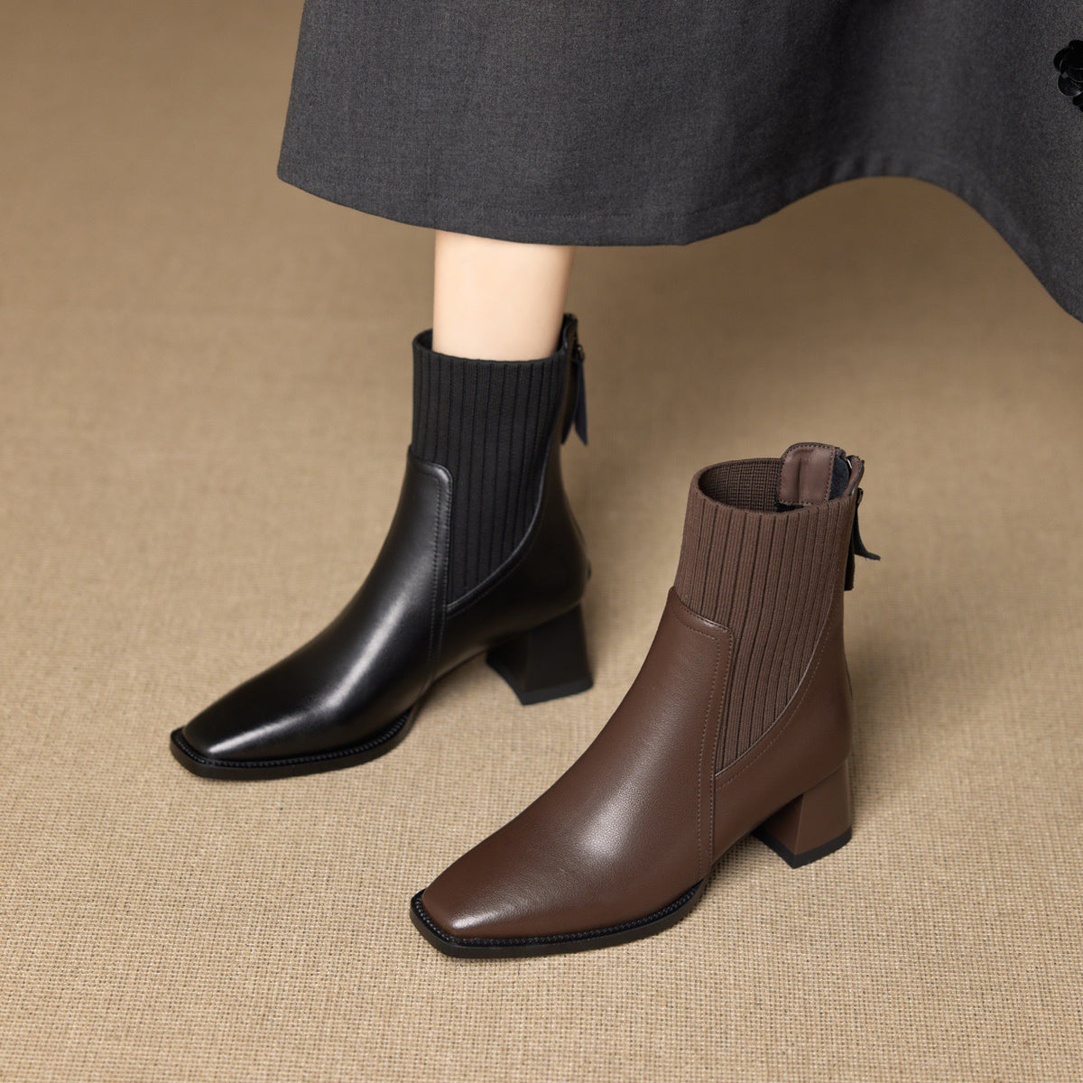 Women's Retro Chunky Short Martin Authentic Square Toe High Women's Leather Boots