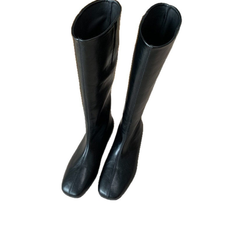 Women's Style Chunky Square Toe High Below The Knee Single White Women's Leather Boots