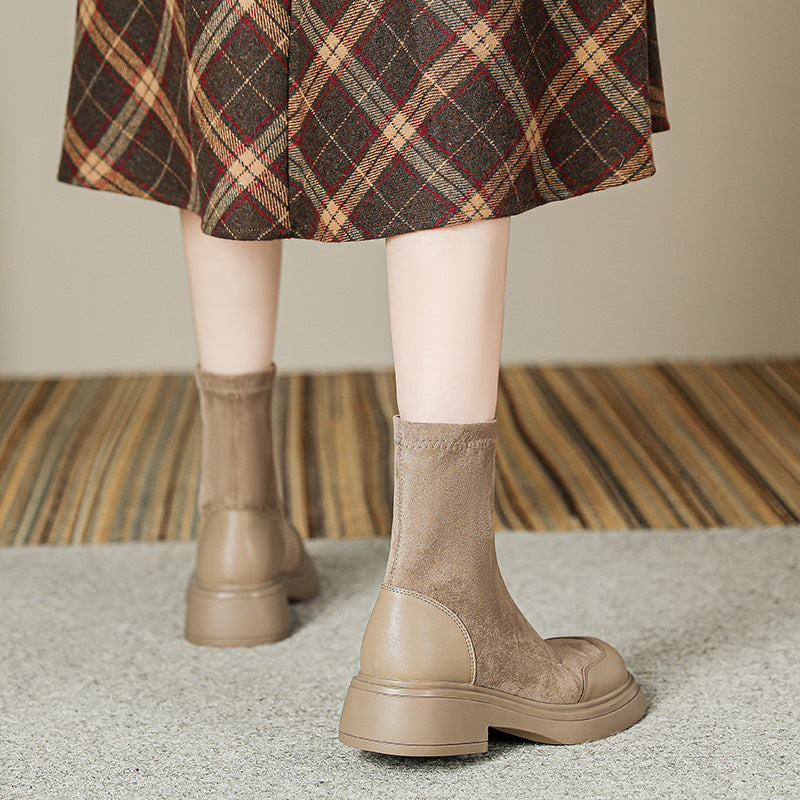 Women's Style Round Toe Suede Ankle Socks Thick Bottom Platform Stretch Women's Leather Boots