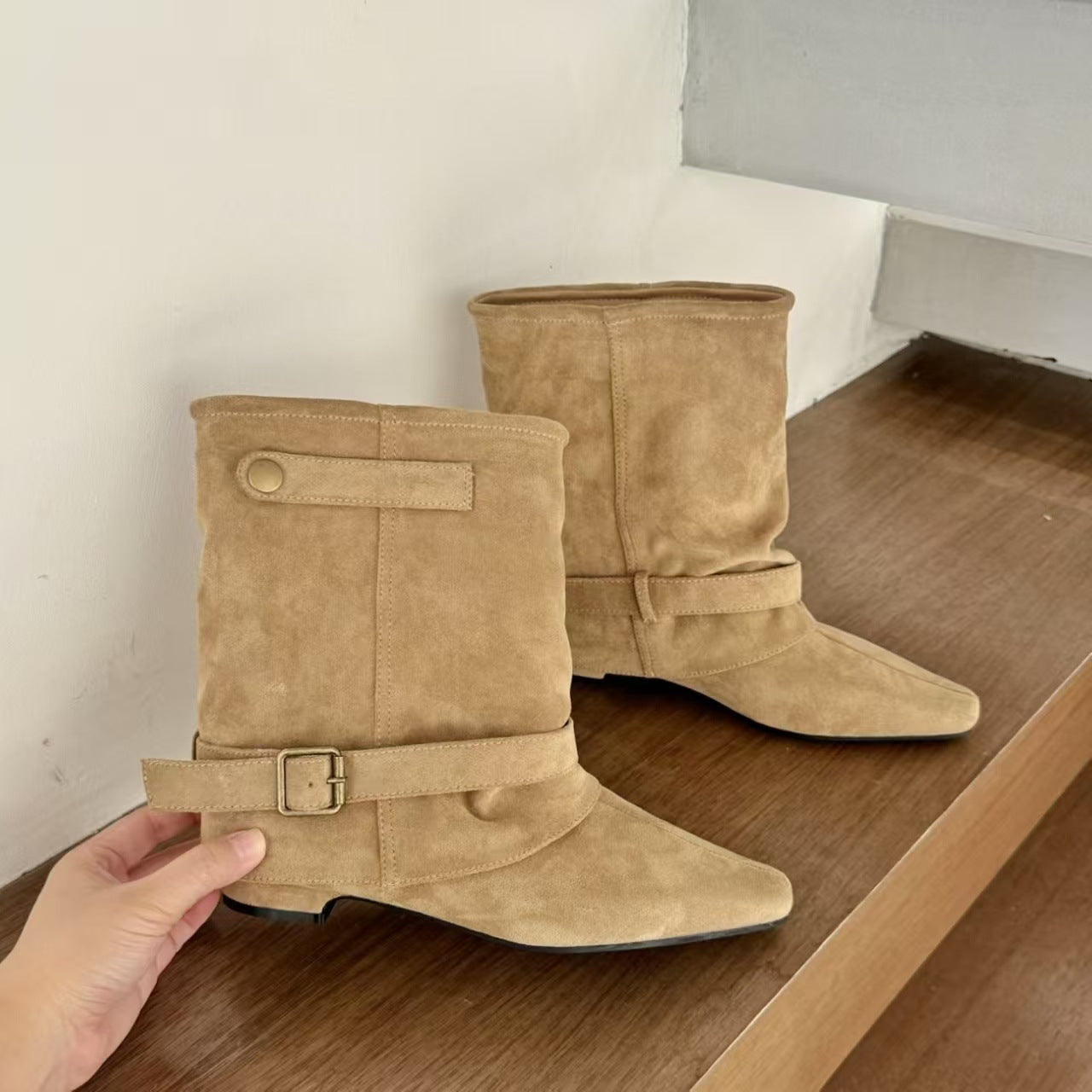Women's Western Style Flat Booties Pile Belt Buckle Boots