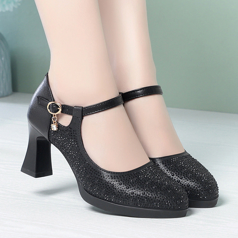 Women's Not Tired Feet Buckle Genuine Chunky Heels