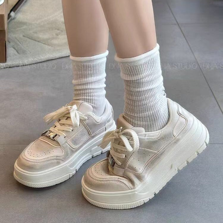 Women's Thick Bottom Pearlescent Lock White Sports Height Increasing Women's Casual Shoes
