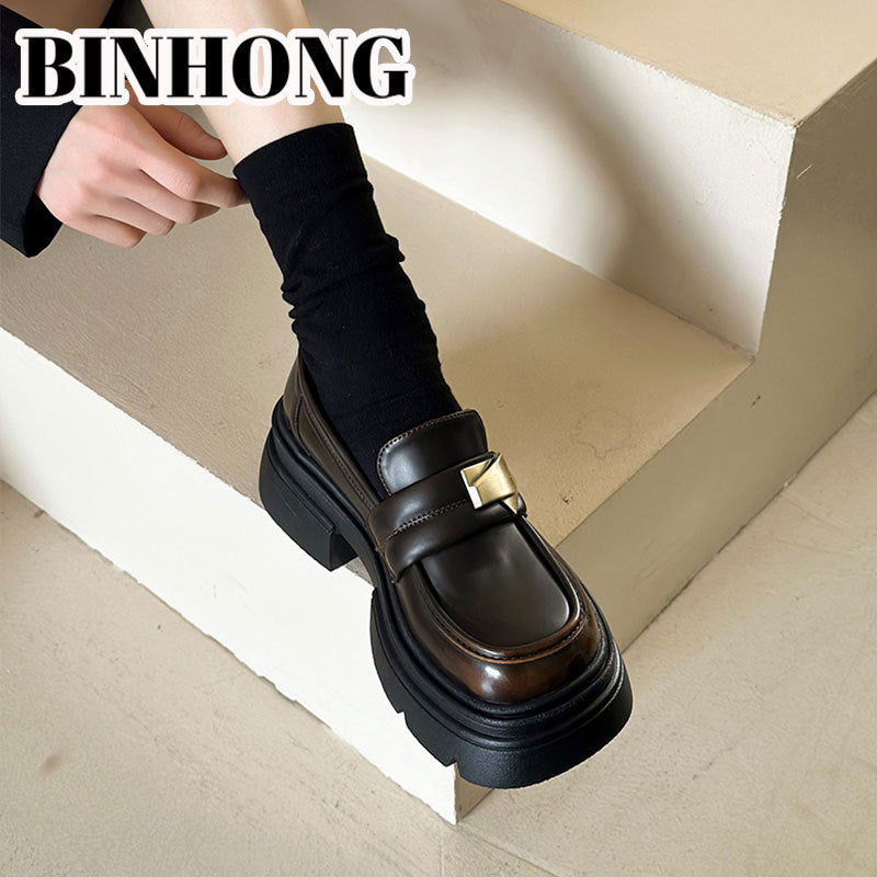 Women's Platform Spring Slip-on Pumps Height Increasing Leather Shoes