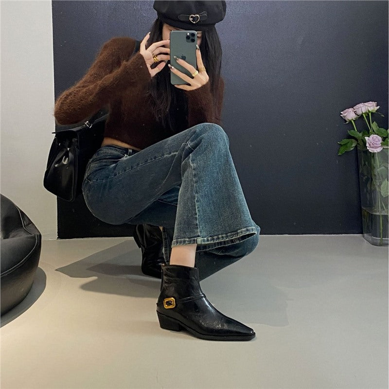 French Retro Brown Western Cowboy Female Chelsea Women's Leather Boots