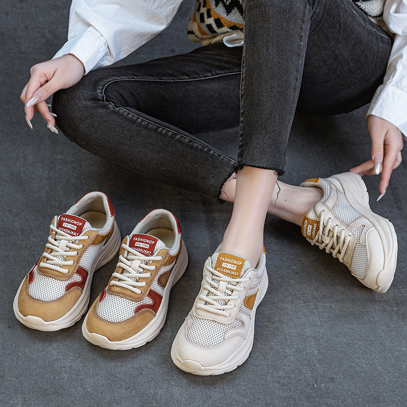 Women's Cowhide Dad Thick Bottom Breathable Mesh Color Casual Shoes