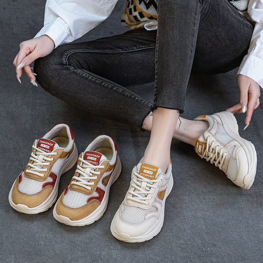 Women's Cowhide Dad Thick Bottom Breathable Mesh Color Casual Shoes
