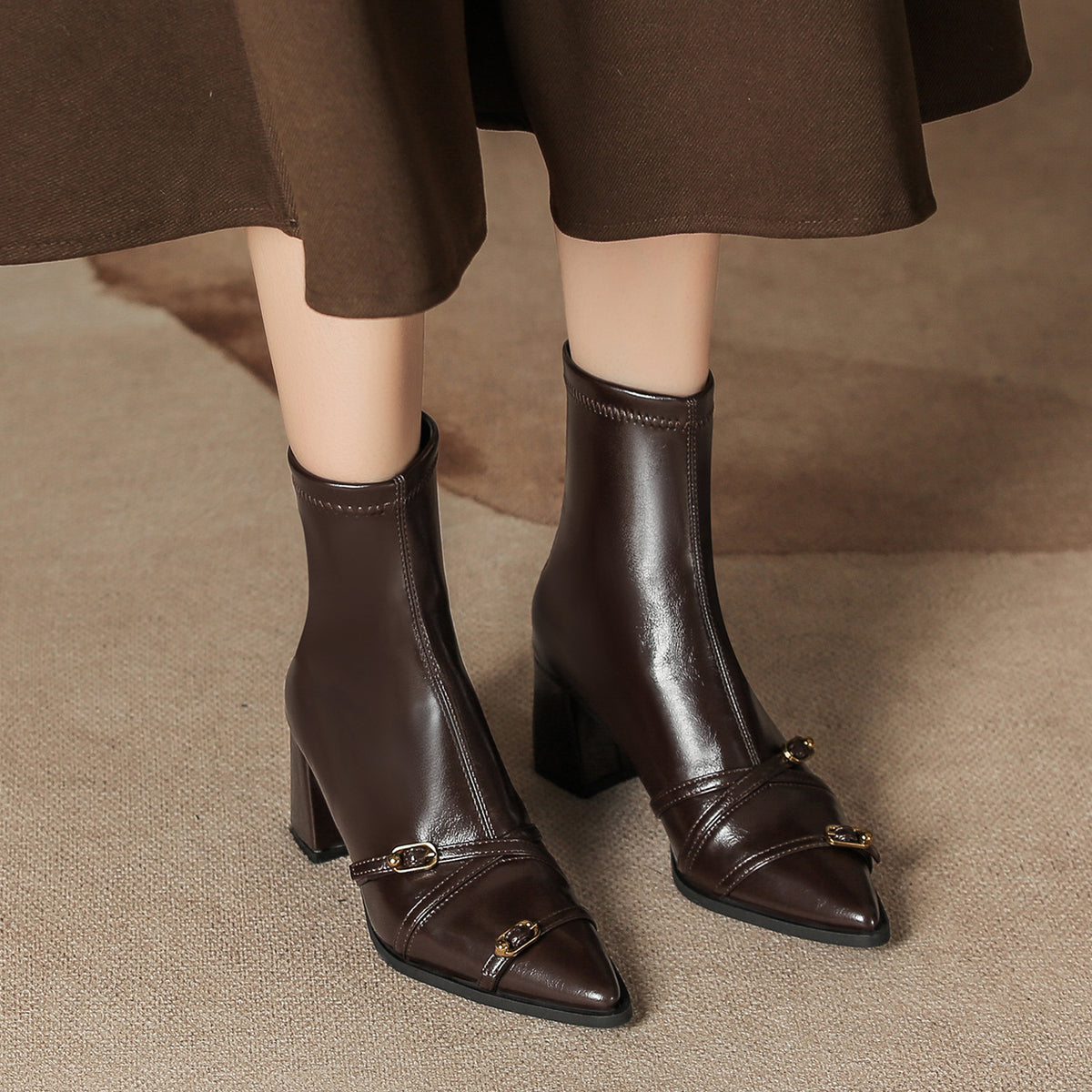 Women's Ankle Retro French Chunky Pointed Toe Back Zipper Women's Leather Boots