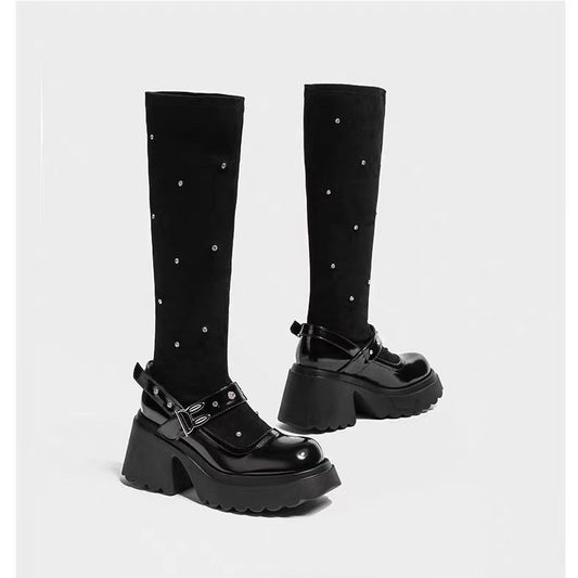 Women's Stretch Small Height Increasing Rhinestone Mary Jane Boots