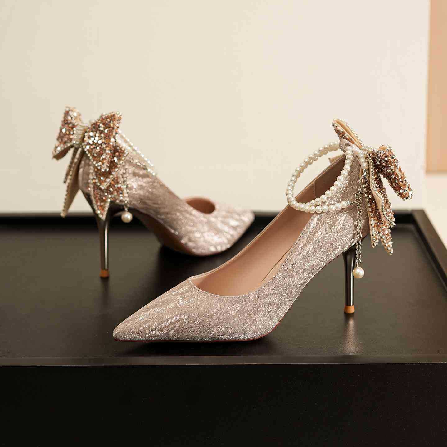 Women's Bow Glitter Stiletto Pointed Wedding Dress Women's Fashion Shoes