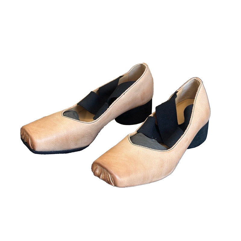 Women's Style Handmade Retro Pig Nose Ballet Authentic Square Toe Mid Heels