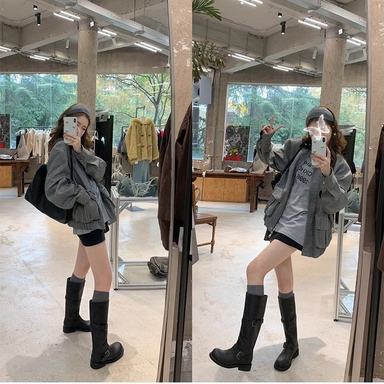 Dune Aesthetics Fleece-lined Vintage Double Buckle Women's Leather Boots
