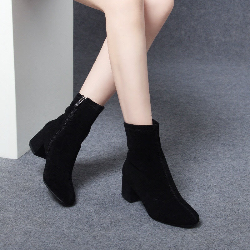Women's Sheepskin Booties Matte Mid Chunky Suede Heels