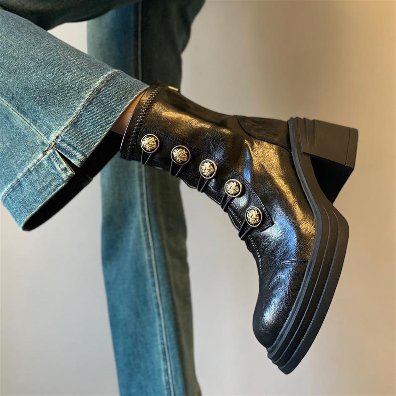 Golden Button Martin Female British Thick Skinny Women's Leather Boots