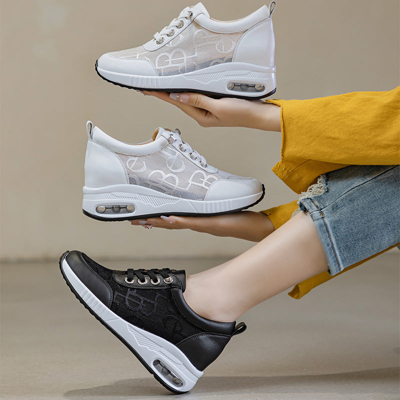 Women's White Summer Mesh Breathable Thick Bottom Height Casual Shoes