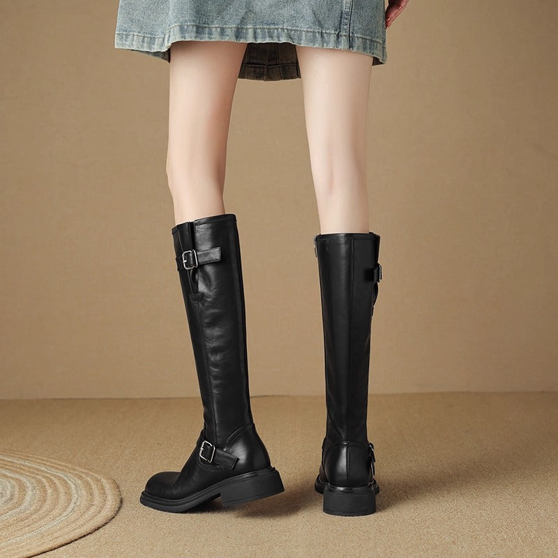Women's Head Below The Knee Knight British Style Thick Mid Knee-high Women's Leather Boots