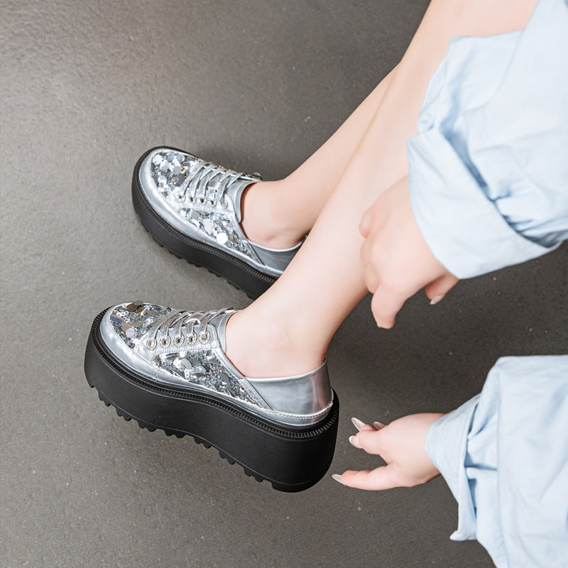 Women's Wear Thick Bottom Thin Mesh Sequins Solid Color Women's Casual Shoes