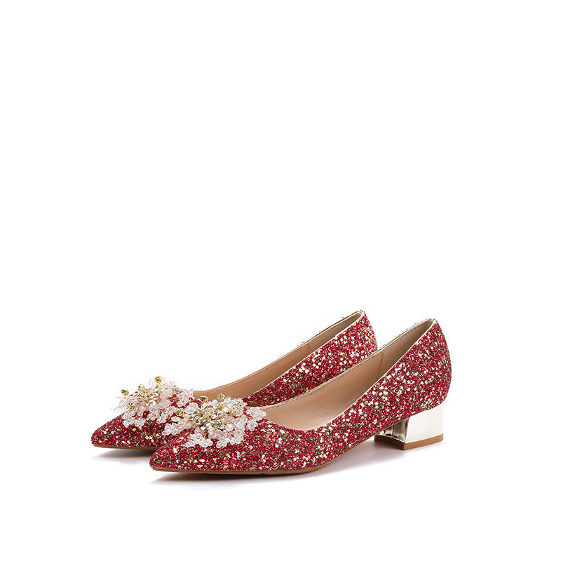 Red Paillette Wedding Bridal With Evening Dress Pointed Toe Women's Fashion Shoes