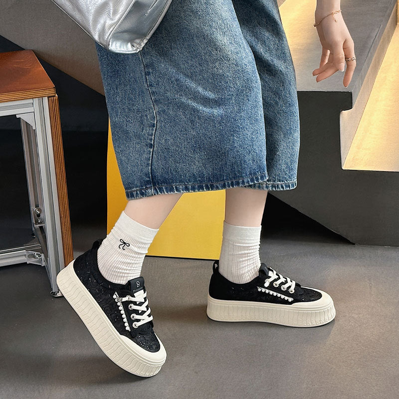 Women's Genuine Platform Pearl Biscuit White Fashionable Soft Women's Casual Shoes